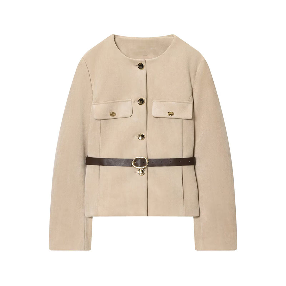 Women's new fashion with Belt suede texture effect O Neck suit jacket