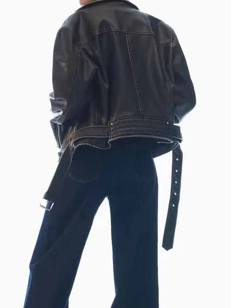 Women's 2025 new Fashion belt decoration casual versatile imitation leather jacket coat retro long sleeved zipper pocket women's coat chic top