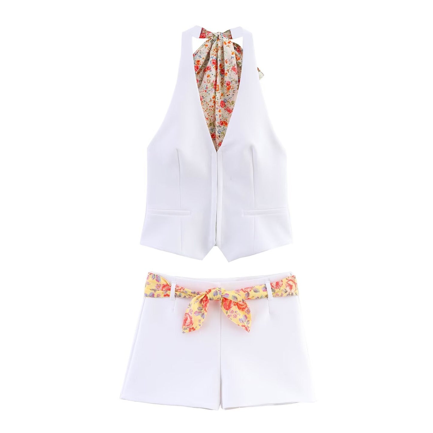 Women's new fashion printed halter neck vest retro sleeveless backless women's vest+Shorts Women's suit