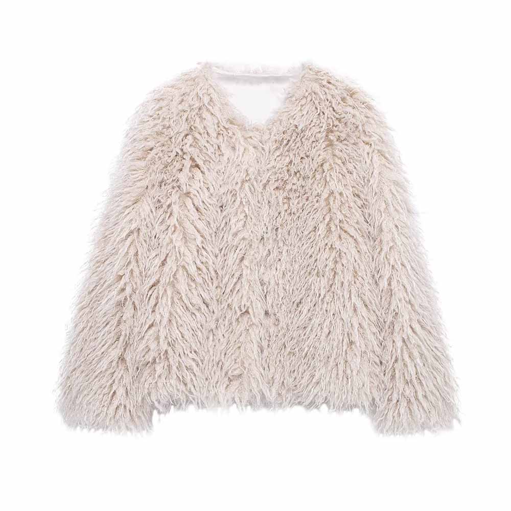 Women's winter Fashion loose faux fur effect warm V Neck Blended Coat retro long sleeved button up women's Coat Chic top