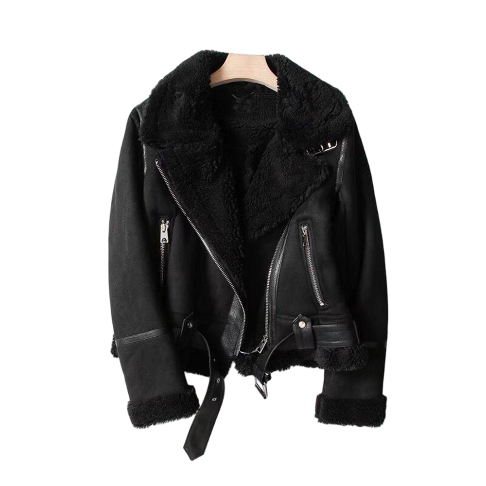 Women's with Belt loose warm Fur Faux Leather jacket Coat