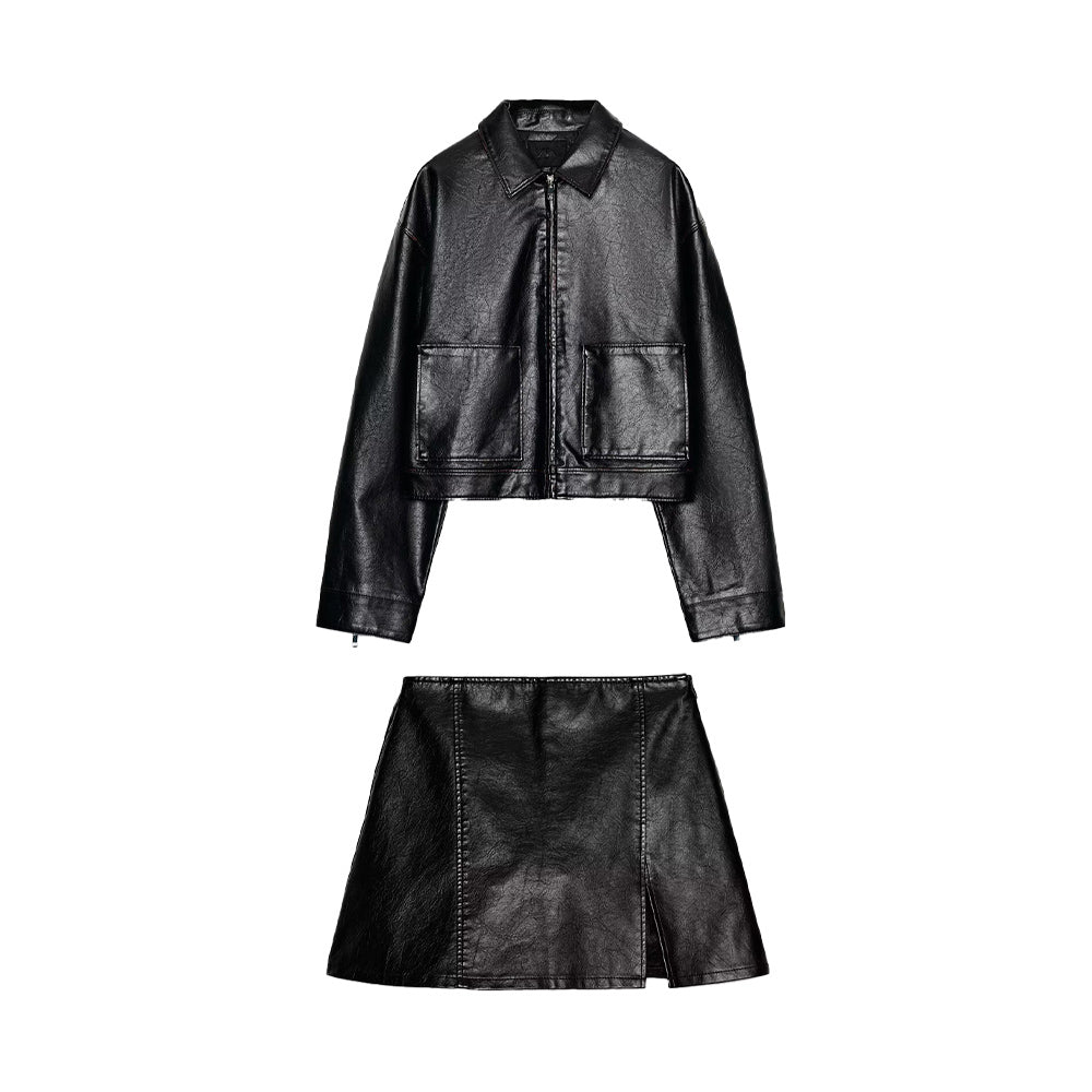 Women's new fashion black Lapel Faux Leather jacket Coat + Shorts Skirts