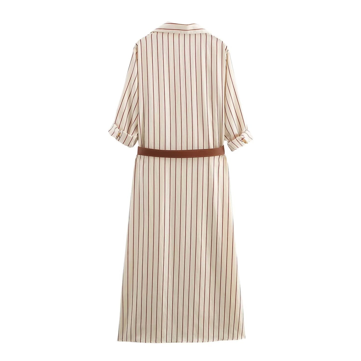 Women's new chic Fashion With Belt loose single breasted striped shirt style MIDI dress retro short sleeved pocket women's dress Mujer