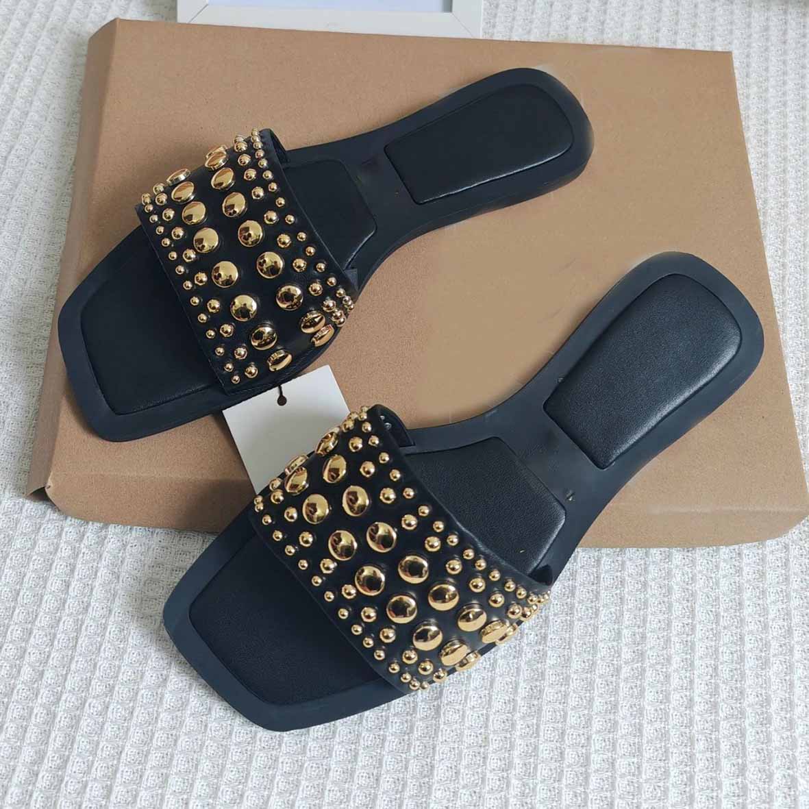 Women's New Fashion Casual Joker Flat Shoes Square Head PVC Rhinestone Rivet Semi-trailer Sandals Women's Shoes.