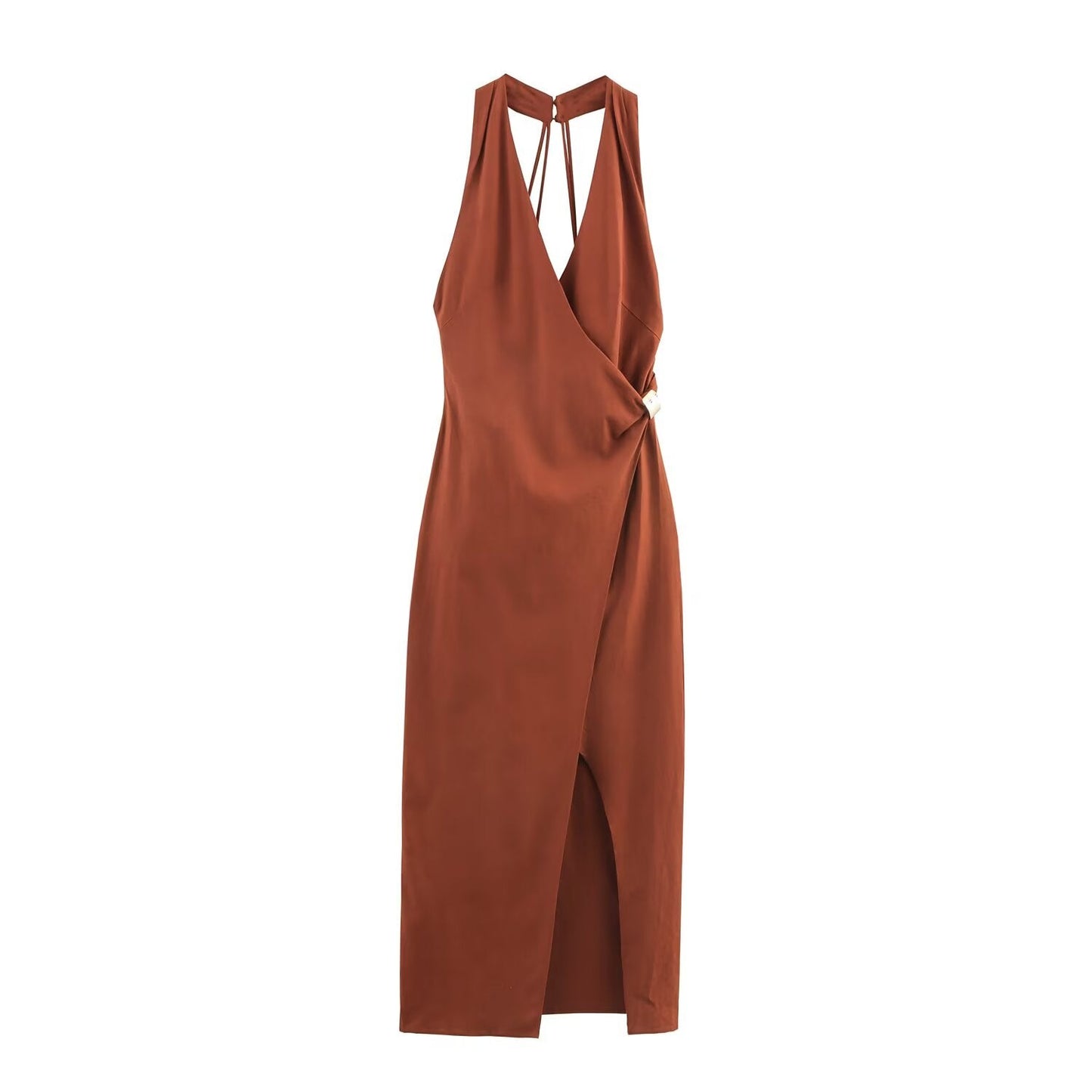 Women's 2025 new Fashion linen blend hanging neck Midi dress retro sleeveless women's dress