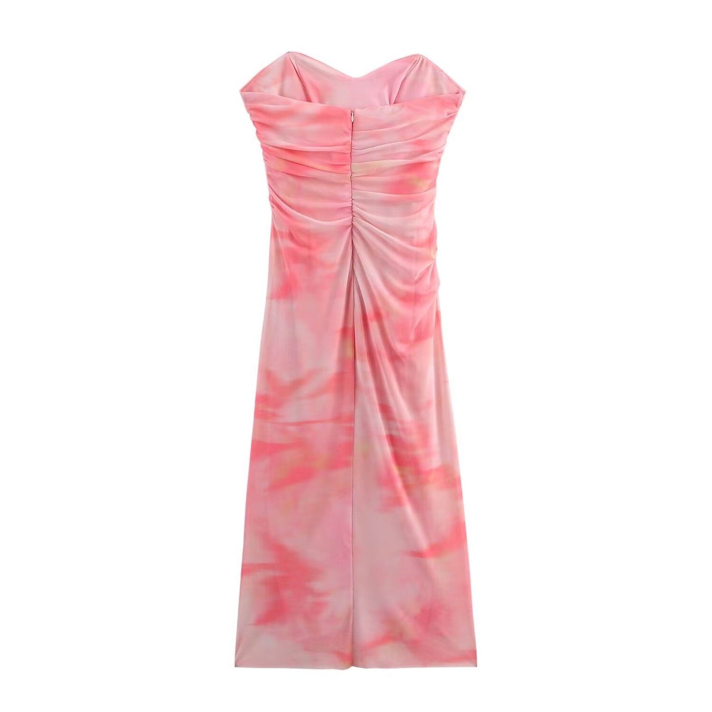 Women's summer new printed tulle strapless MIDI dress