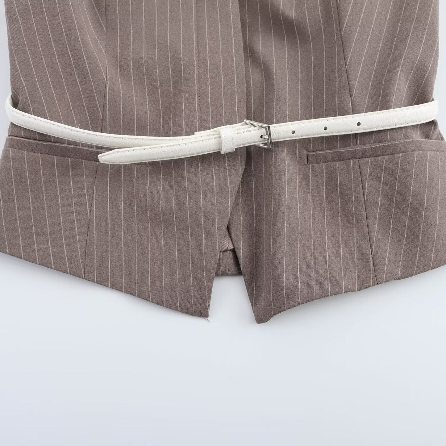 Women's new fashion with Belt pocket decoration casual short striped V Neck vest retro sleeveless button up women's vest chic top