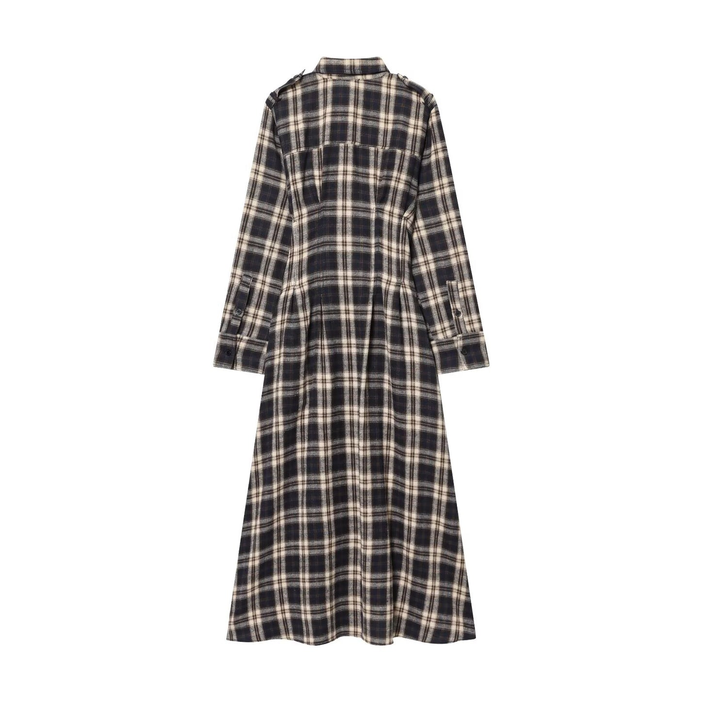 Women's casual shirt style pleated checkered MIDI dress