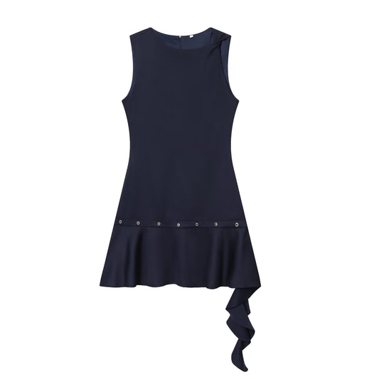 Women's new fashion rivet decoration asymmetric mini dress