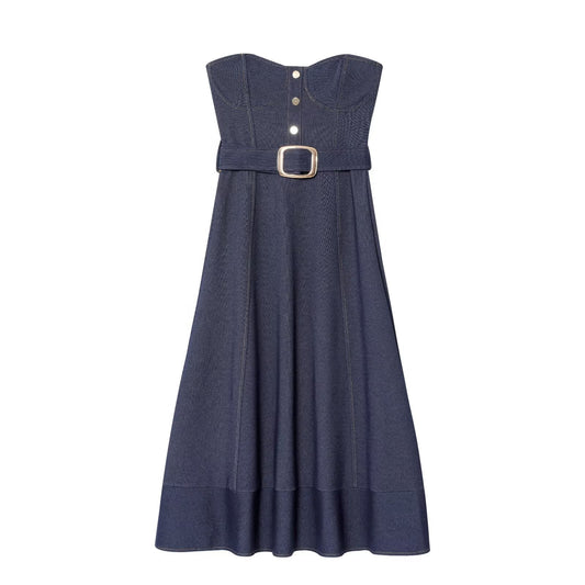 Women's new fashion with Belt sleeveless strapless MIDI dress