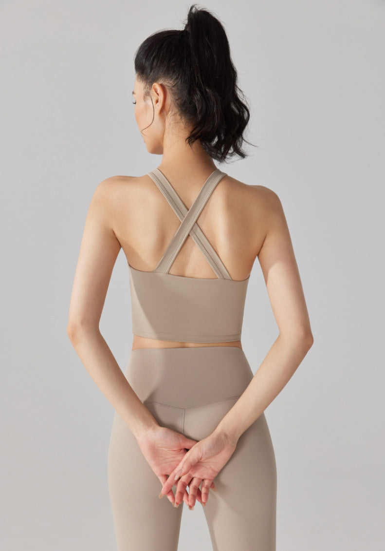 Women's New Fashion Joker Nude Antibacterial Chest Pad Sports Bra Cross Design Running Fitness Yoga Vest.
