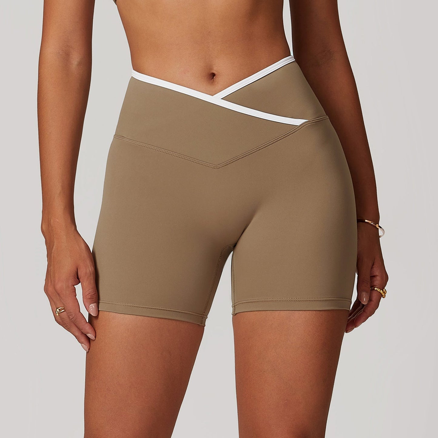 Women's New Fashion Joker Cross High Waist Yoga Tight Nude Hip-lifting Shorts Wearing Fitness Pants.