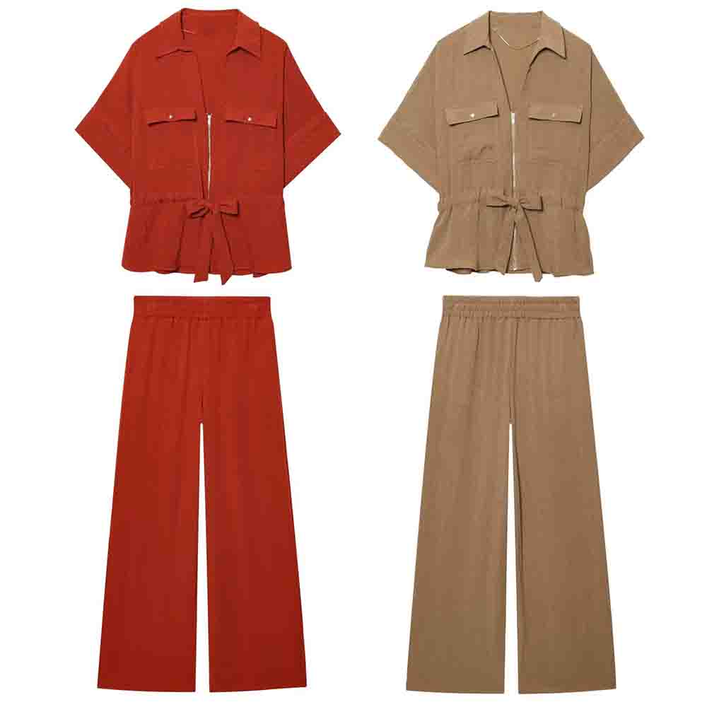 Women's new fashion bow decoration casual short sleeved zipper shirt+Pants Women's suit