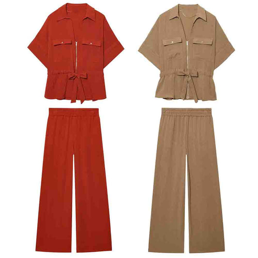 Women's new fashion bow decoration casual short sleeved zipper shirt+Pants Women's suit