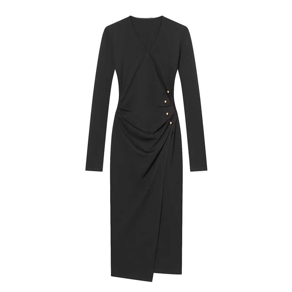 Women's metal buckle decoration V-neck pleated dress