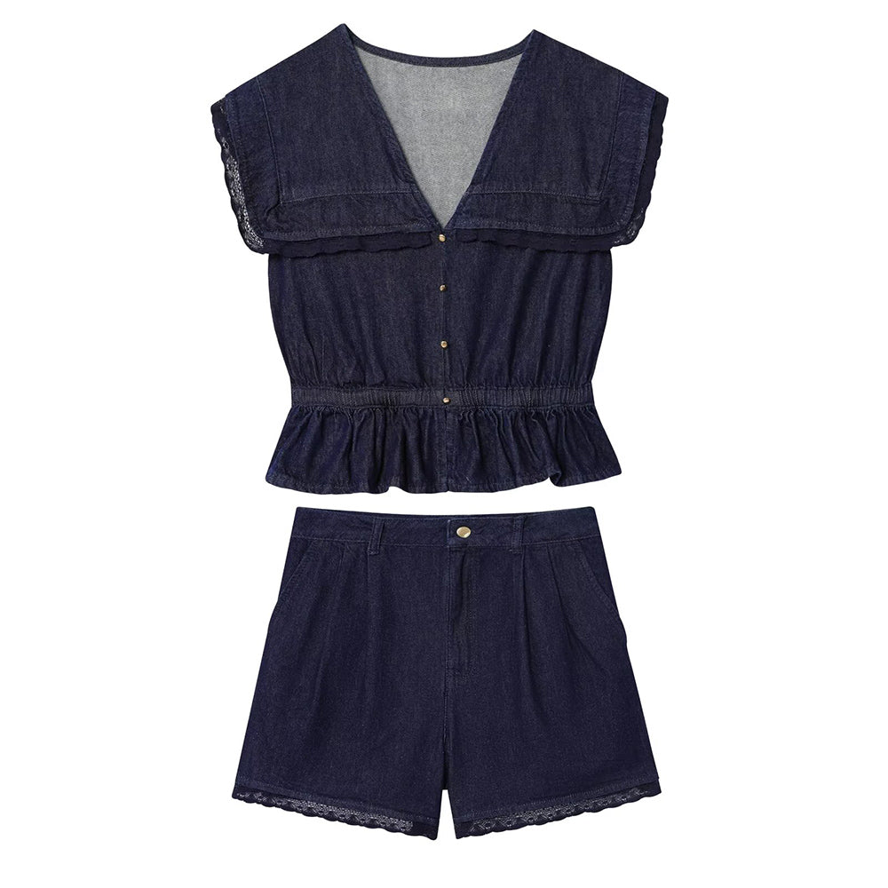 Women's new fashion lace Lapel short denim shirt+shorts suit