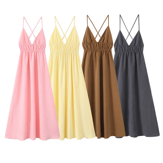 Women's new fashion draped suspender MIDI dress
