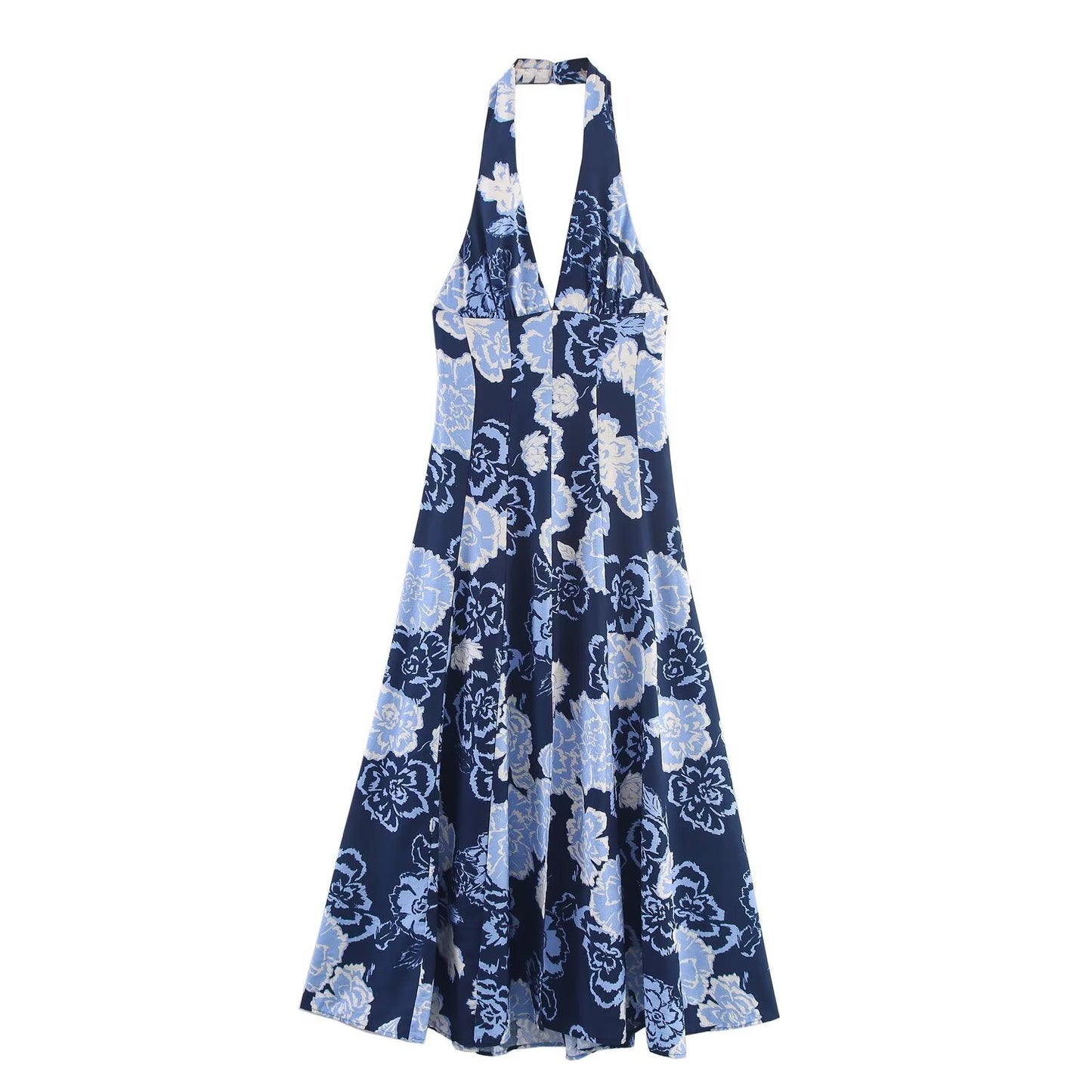 Women's new fashion printed backless hanging neck MIDI dress
