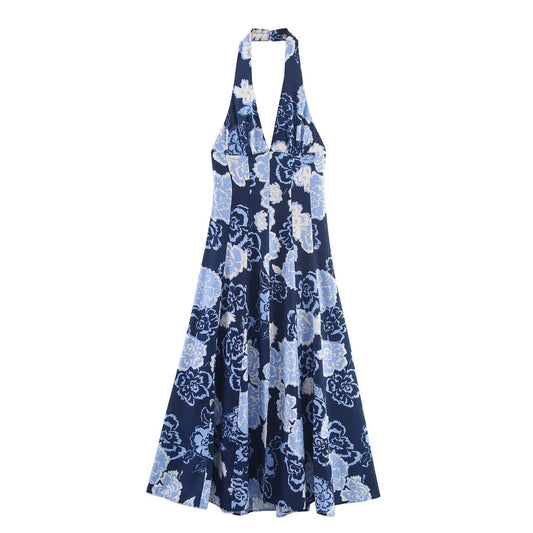 Women's new fashion printed backless hanging neck MIDI dress