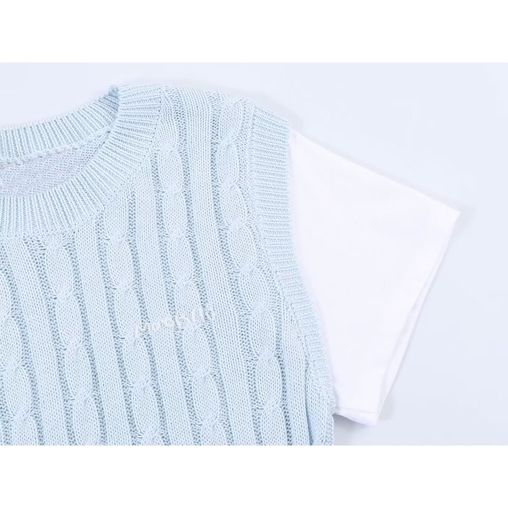 Women's contrasting fake two-piece knitted sweater