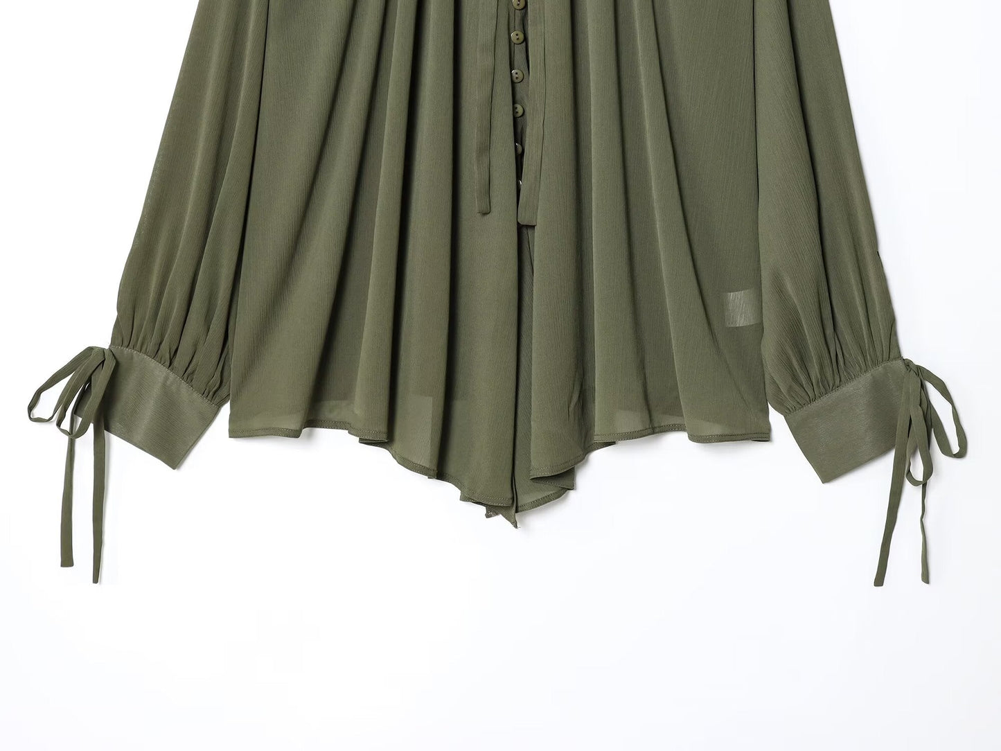 2025 Women's fashion bow Lace up decoration long sleeved pleated shirt