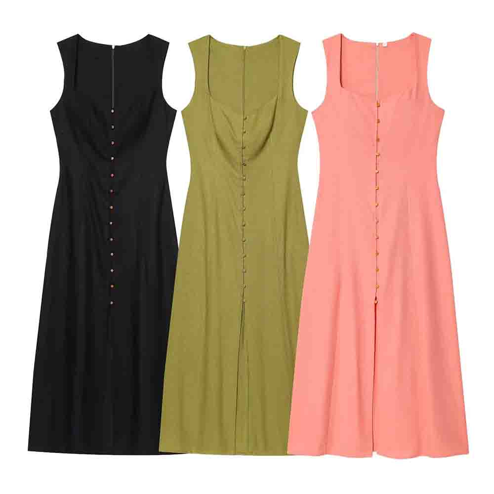 Women's New Fashion Sleeveless Linen Blended Button up Midi Dress