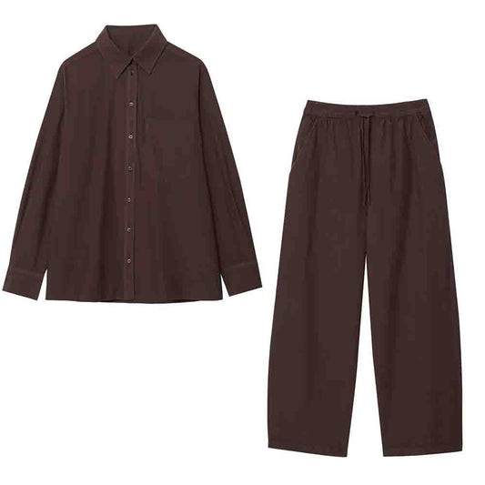 Women's new fashion loose long sleeved poplin button up shirt+Pants suit
