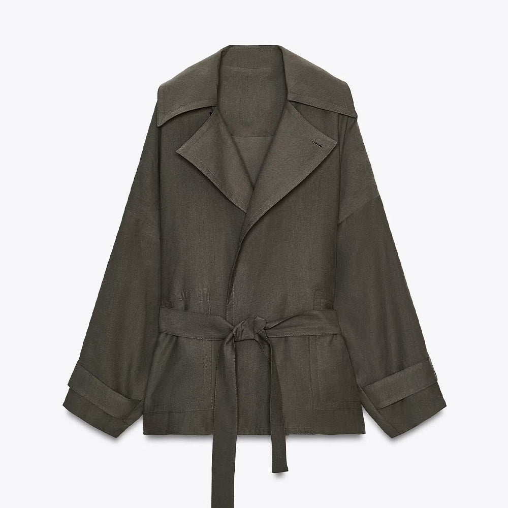 Women's New Fashion With Belt Loose Button-up Lapel Coat+Pants Suit