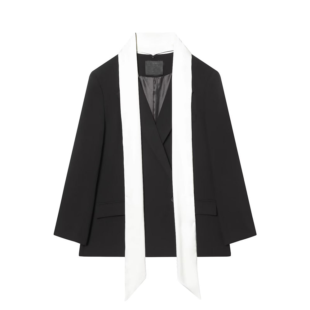 Women's contrasting scarf decoration loose Blazer Coat