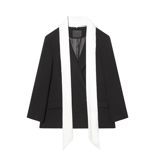 Women's contrasting scarf decoration loose Blazer Coat