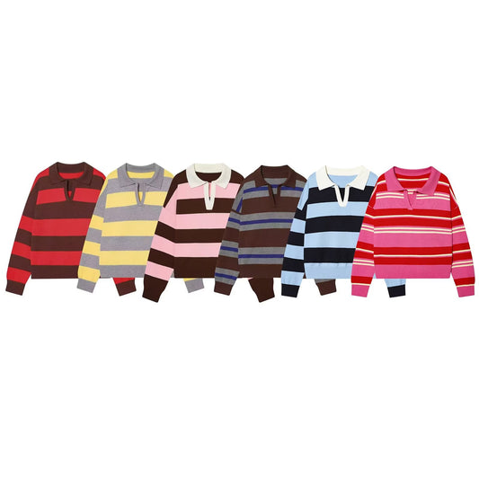 Women's casual striped knitted polo shirt