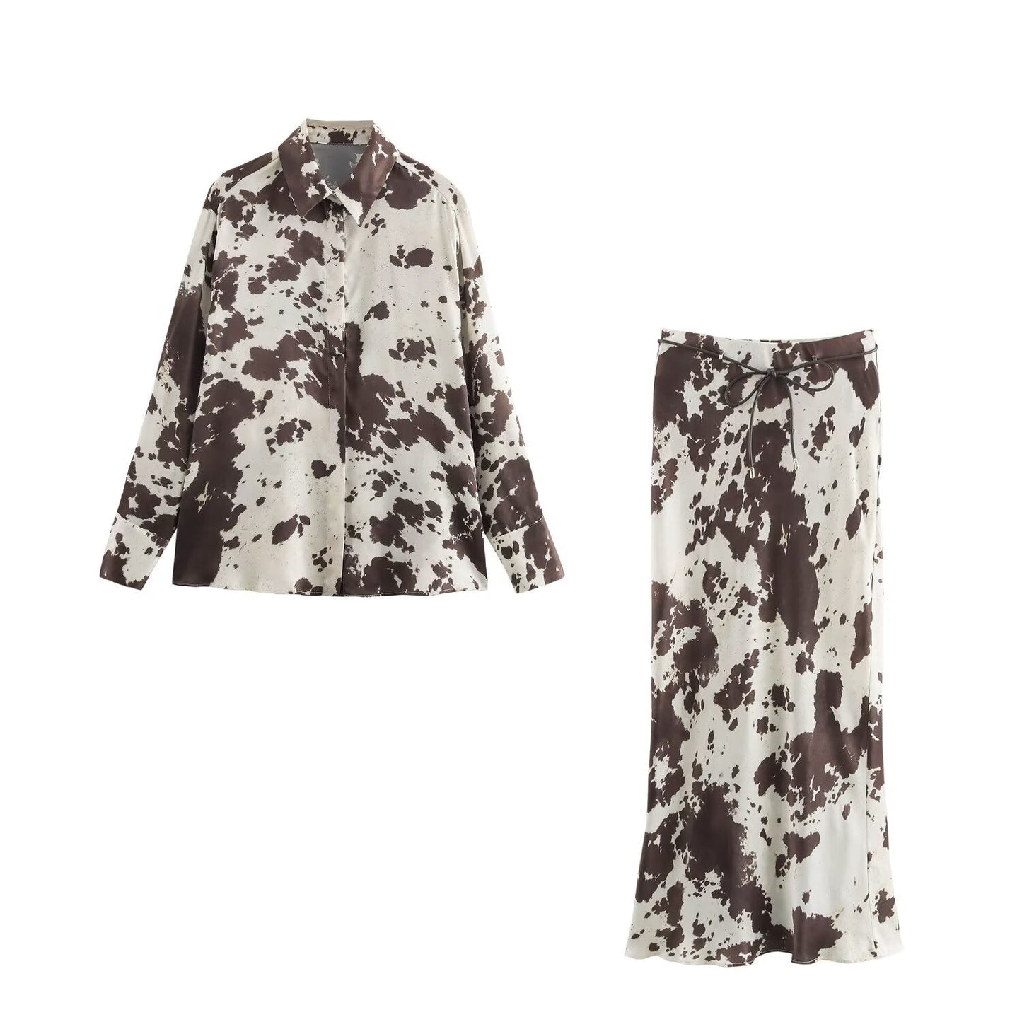 Women's new fashion loose animal print shirt casual single breasted lapel shirt retro long sleeved women's shirt chic top+skirt women's suit