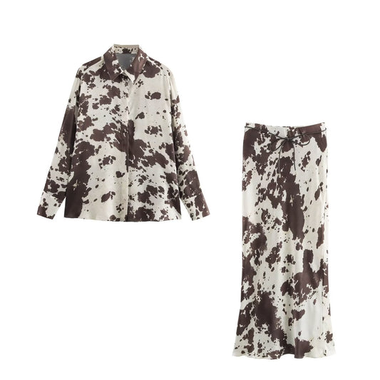 Women's new fashion loose animal print shirt casual single breasted lapel shirt retro long sleeved women's shirt chic top+skirt women's suit