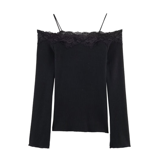 Women's off shoulder long sleeved patchwork T-shirt