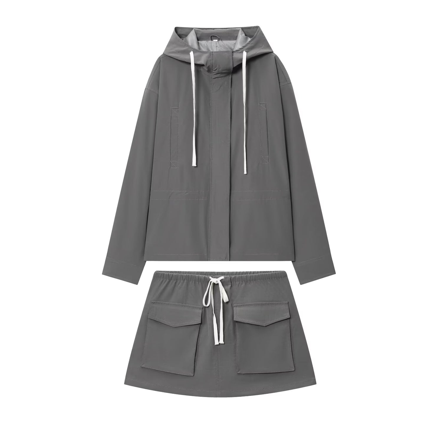 Women's New fashion Retractable waist design loose hooded jacket Coat + shorts suit