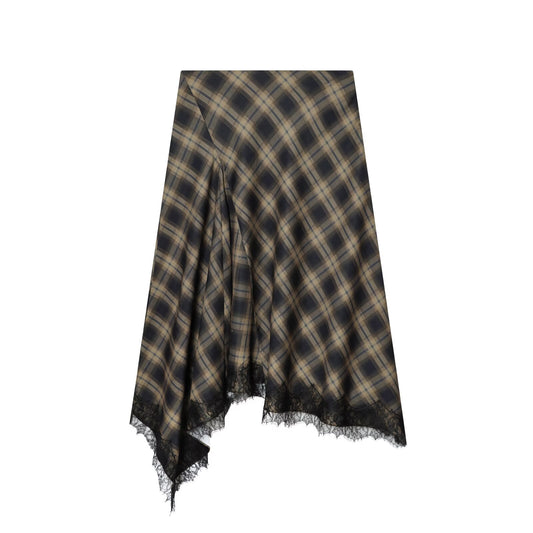 Women's lace hem casual plaid MIDI skirt