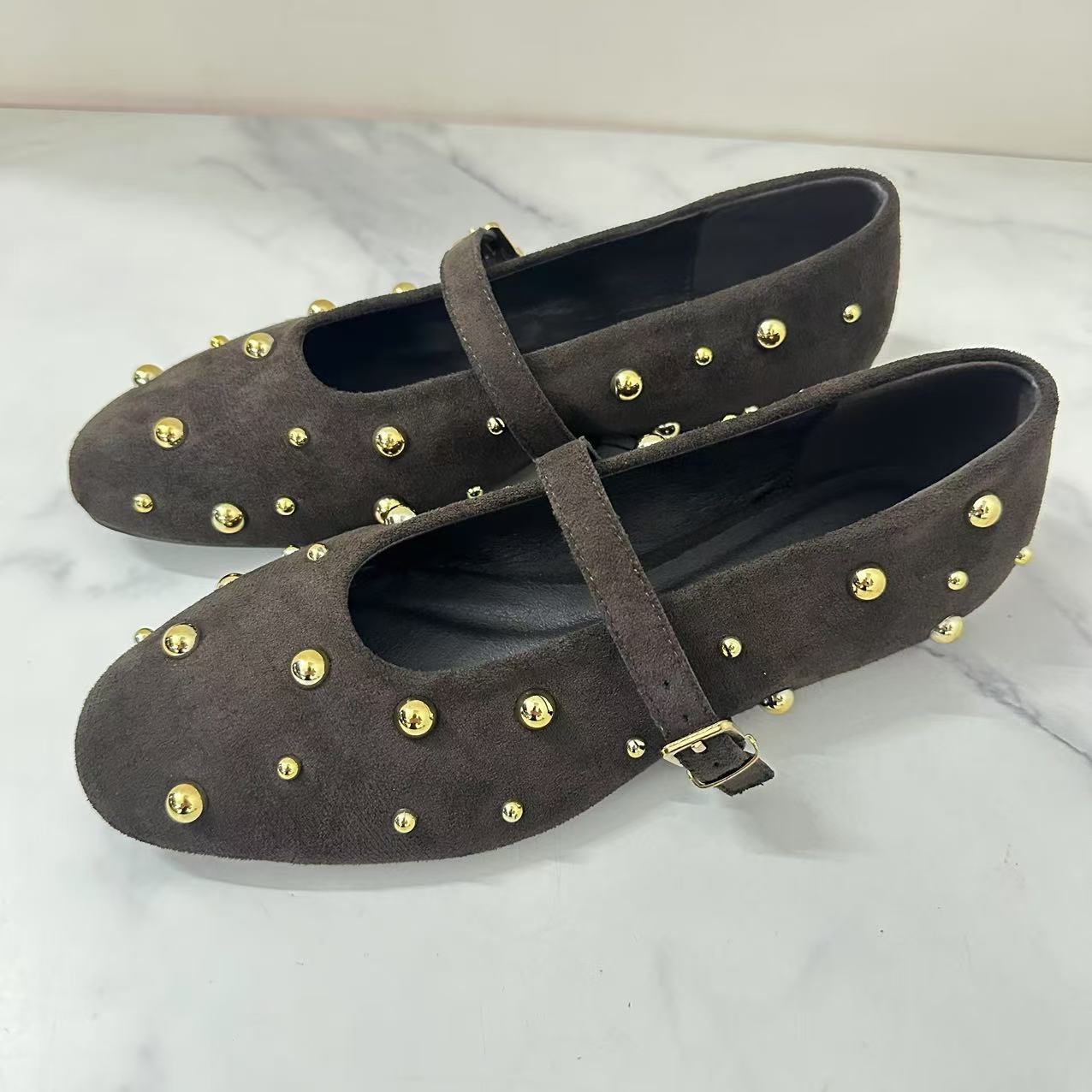 Women's 2025 New Fashion Joker Retro Rivet Mary Jane Suede Ballet Flat Shoes