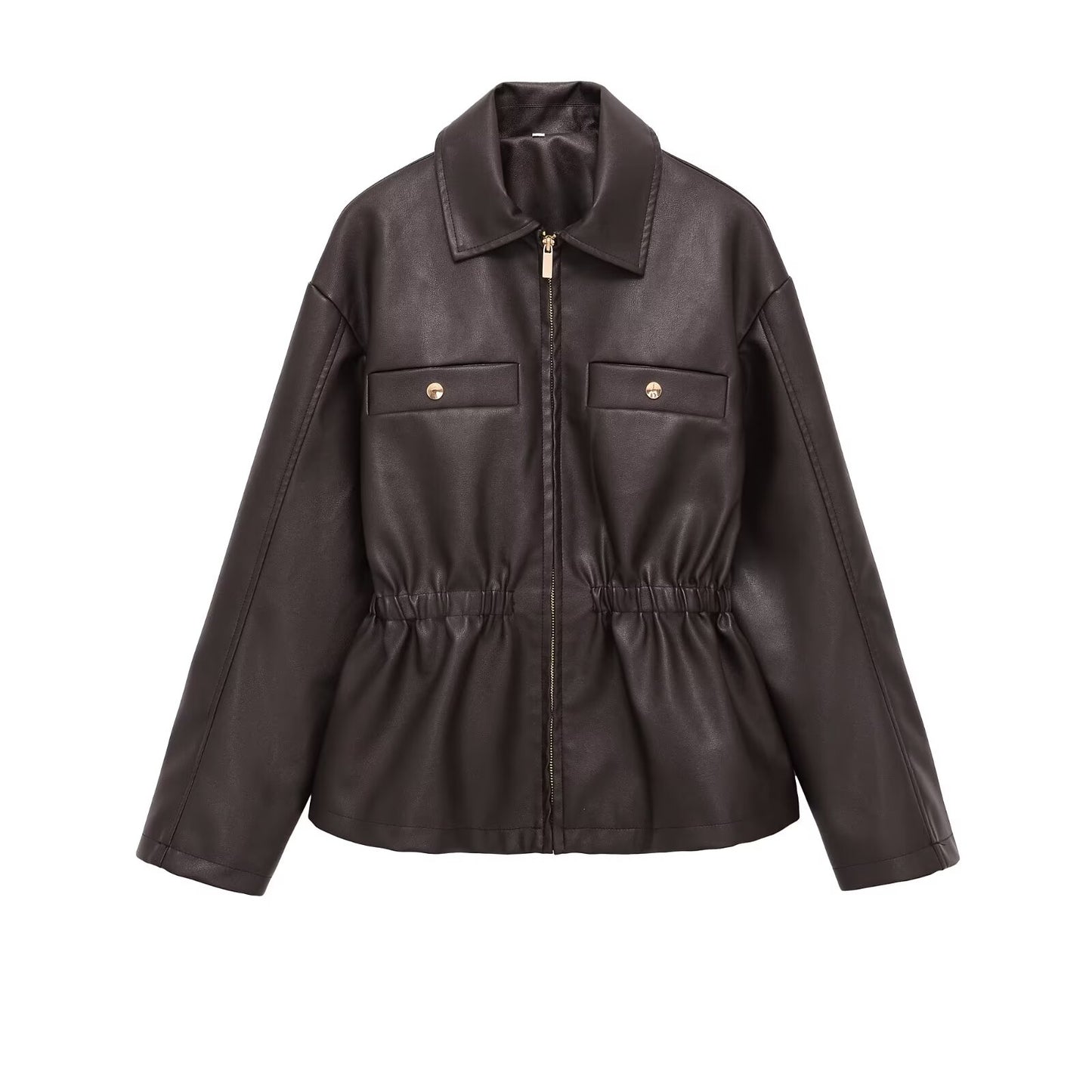 Women's elastic waist lapel Faux Leather jacket Coat