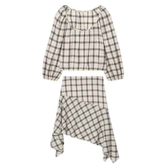 suit Women's 2 pieces short O Neck checkered shirt+Skirts