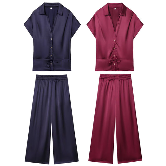 Women's new fashion with Belt short sleeved satin textured shirt+Pants suit