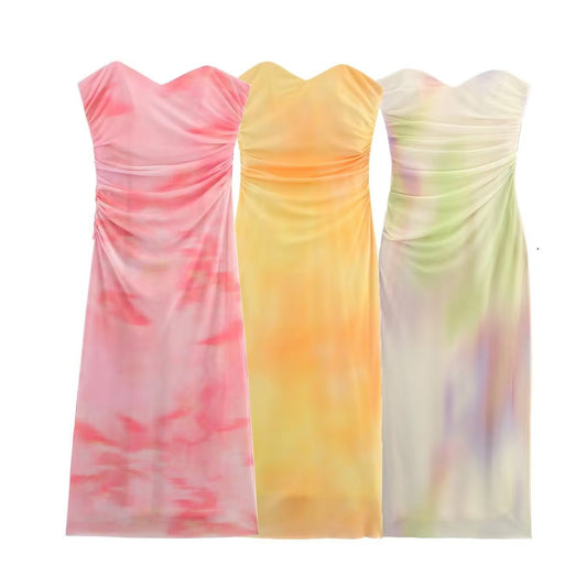 Women's summer new printed tulle strapless MIDI dress