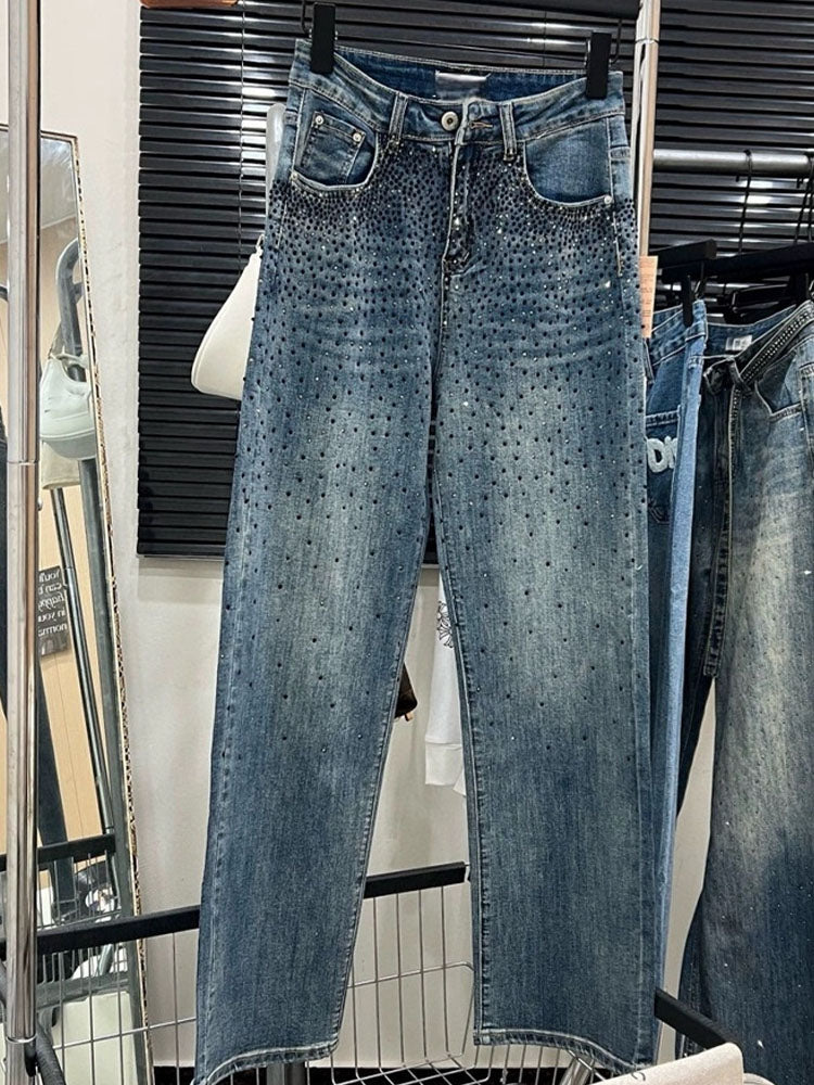 Women's New Joker High Waist Slim Heavy Industry All Over The Sky Rhinestones Embroidered Jeans