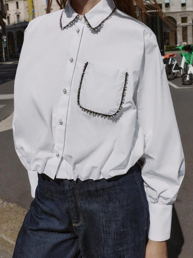 Women's new fashion bead decoration bubble sleeve poplin shirt