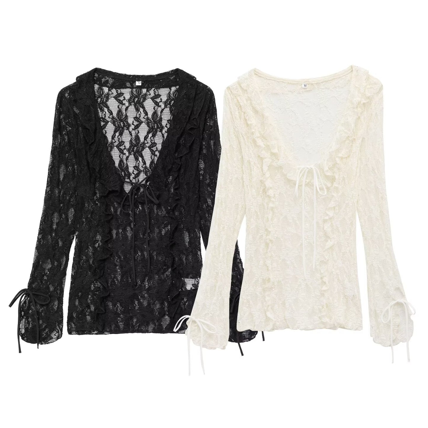 Women's new fashion layered decoration slim Lace up V-neck lace top