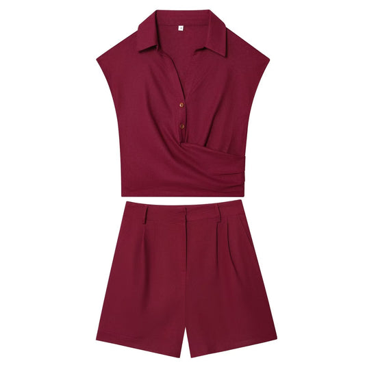 Women's 2025 new fashion linen blend sleeveless pleated top+shorts suit