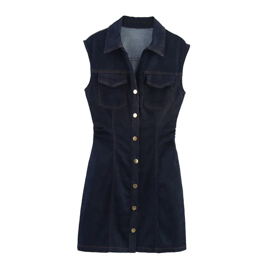 Women's new fashion sleeveless shirt style slim denim mini dress