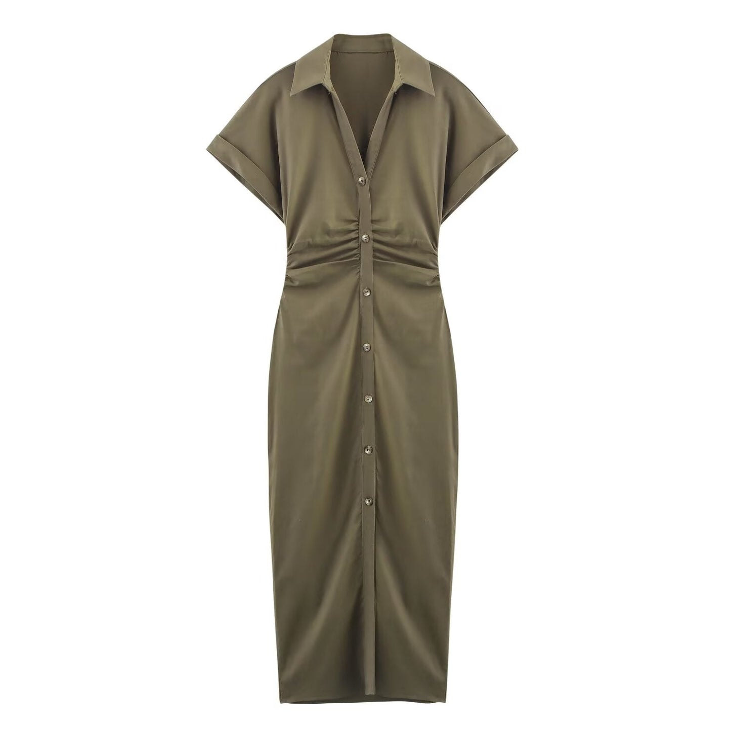 Women's new chic fashion pleated decoration slim single breasted linen blended MIDI dress retro short sleeved women's dress