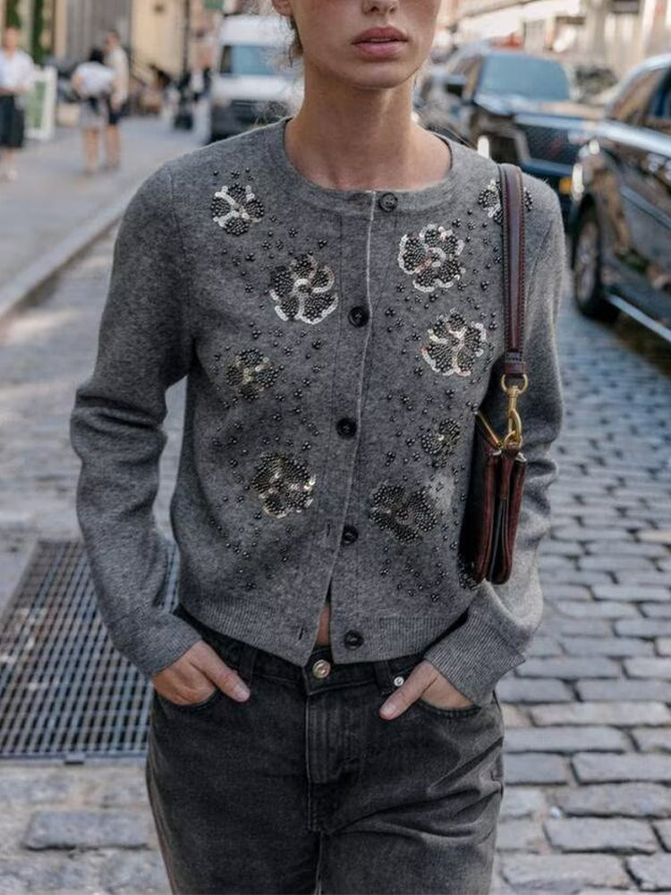 Women's new fashion bead decoration O Neck knitted Coat