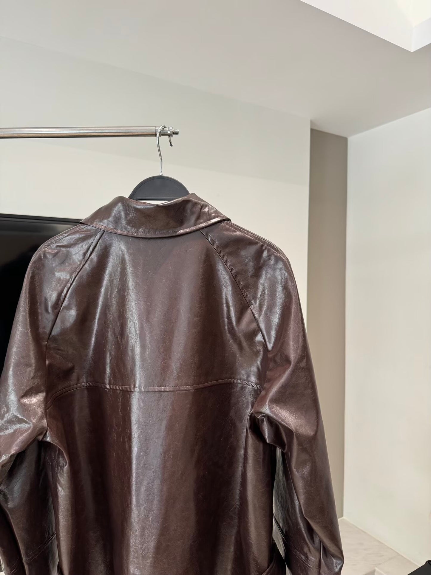 Women's new fashion with Belt short faux leather windbreaker Coat