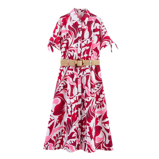 Women's New Fashion With Belt Printed Poplin Midi Dress